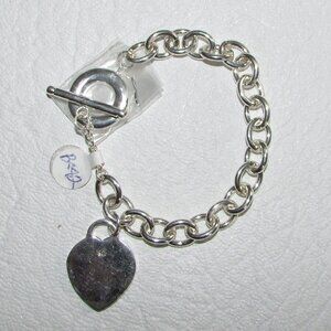 925 Silver Heart Charm Heavy Link Bracelet – NEW